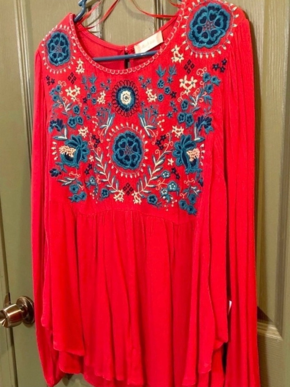 NWT-Altar'd State Red Embroidered Peasant Top with Blue Accents
